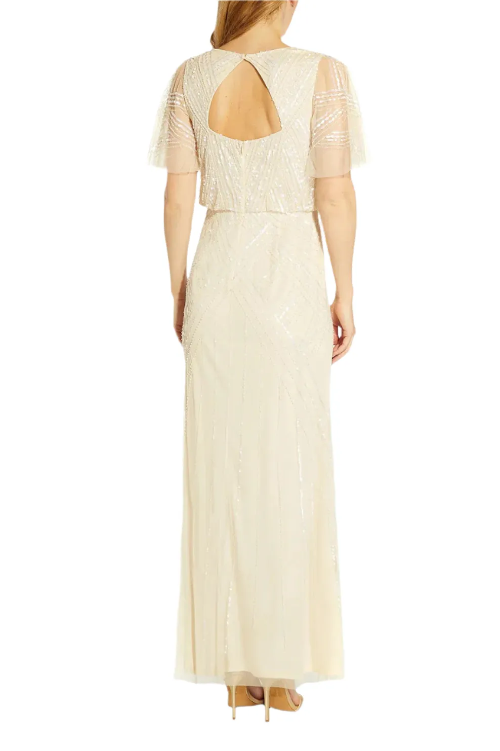 Adrianna Papell V Neck Beaded Flutter Sleeves Back Zipper Long Chiffon Dress