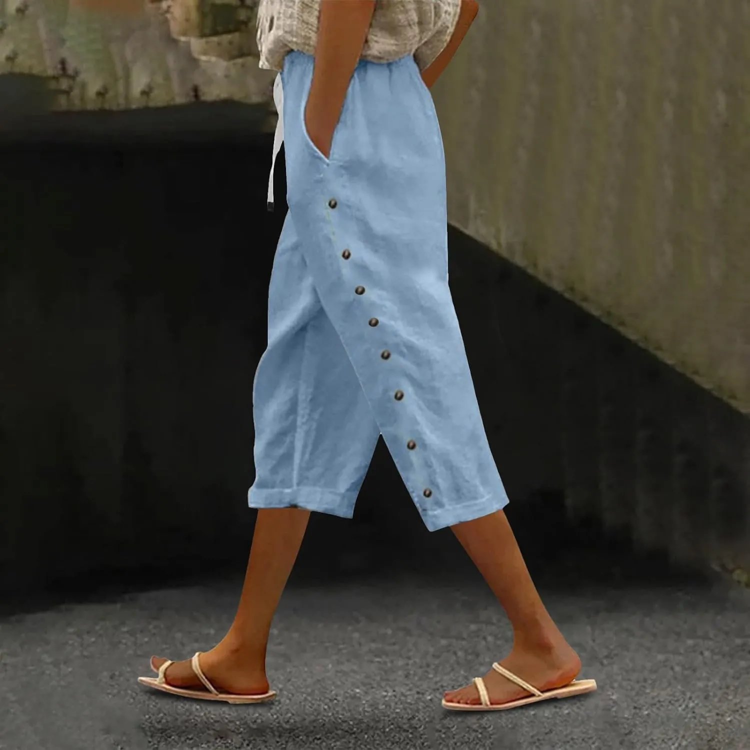 Capris Pants for Women Color Cotton Linen Elastic Seven Pants Beach Casual Pants Linen Casual Slacks Business Pants with