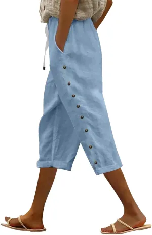 Capris Pants for Women Color Cotton Linen Elastic Seven Pants Beach Casual Pants Linen Casual Slacks Business Pants with