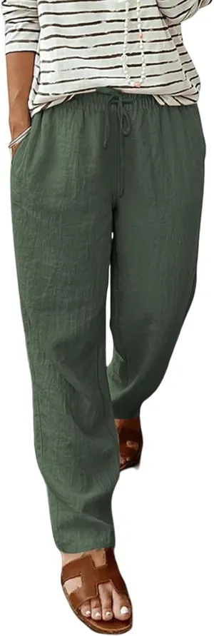 Cotton Linen Pants Casual Tapered Ankle Summer Womens Elastic Waist Drawstring Casual Trousers Sweatpants with Pocket