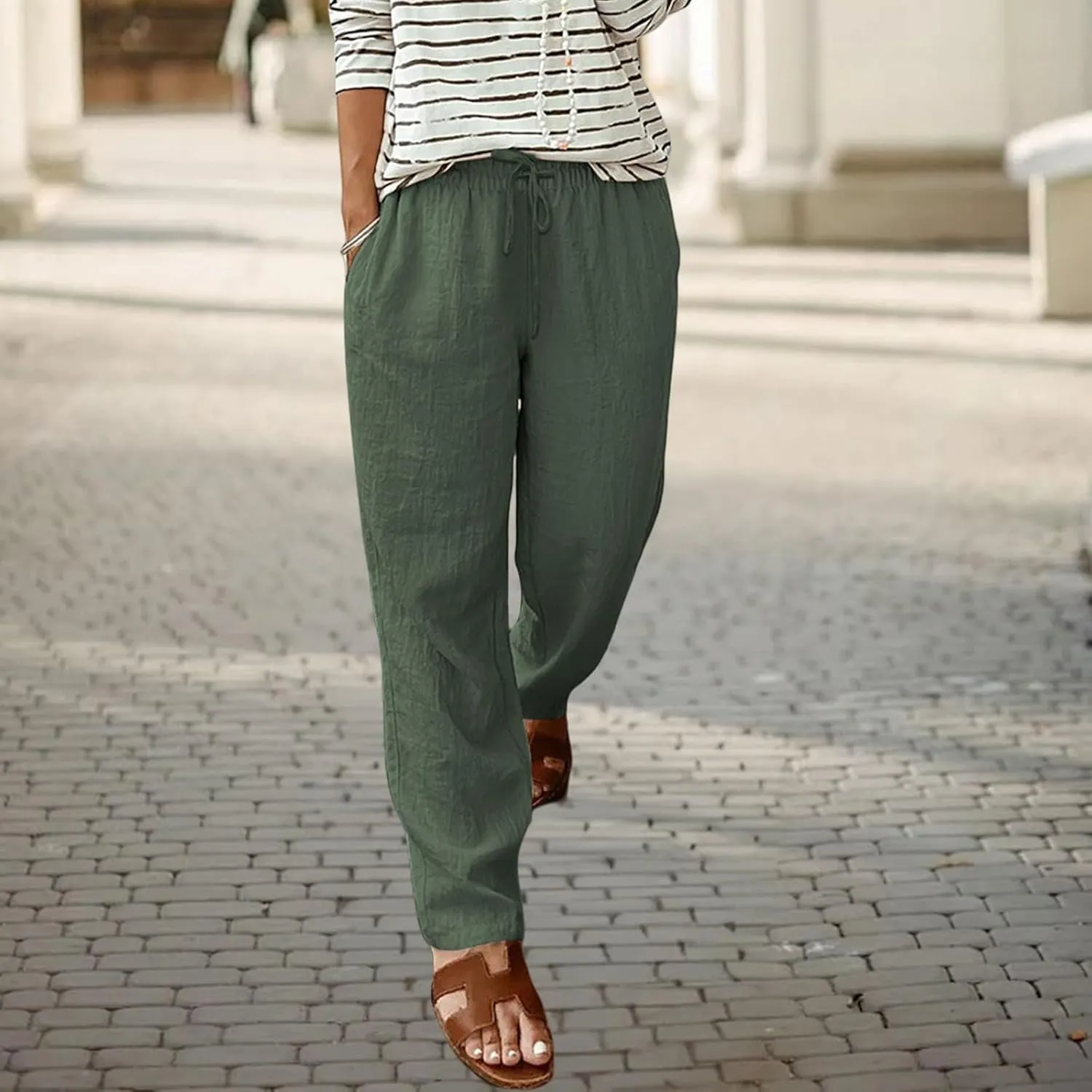 Cotton Linen Pants Casual Tapered Ankle Summer Womens Elastic Waist Drawstring Casual Trousers Sweatpants with Pocket