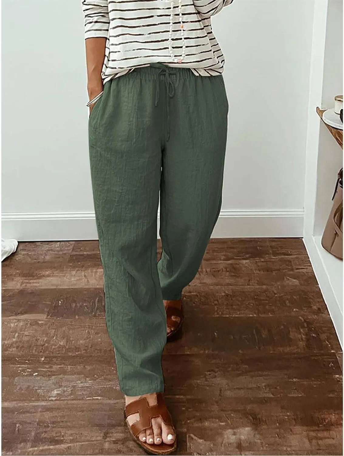 Cotton Linen Pants Casual Tapered Ankle Summer Womens Elastic Waist Drawstring Casual Trousers Sweatpants with Pocket
