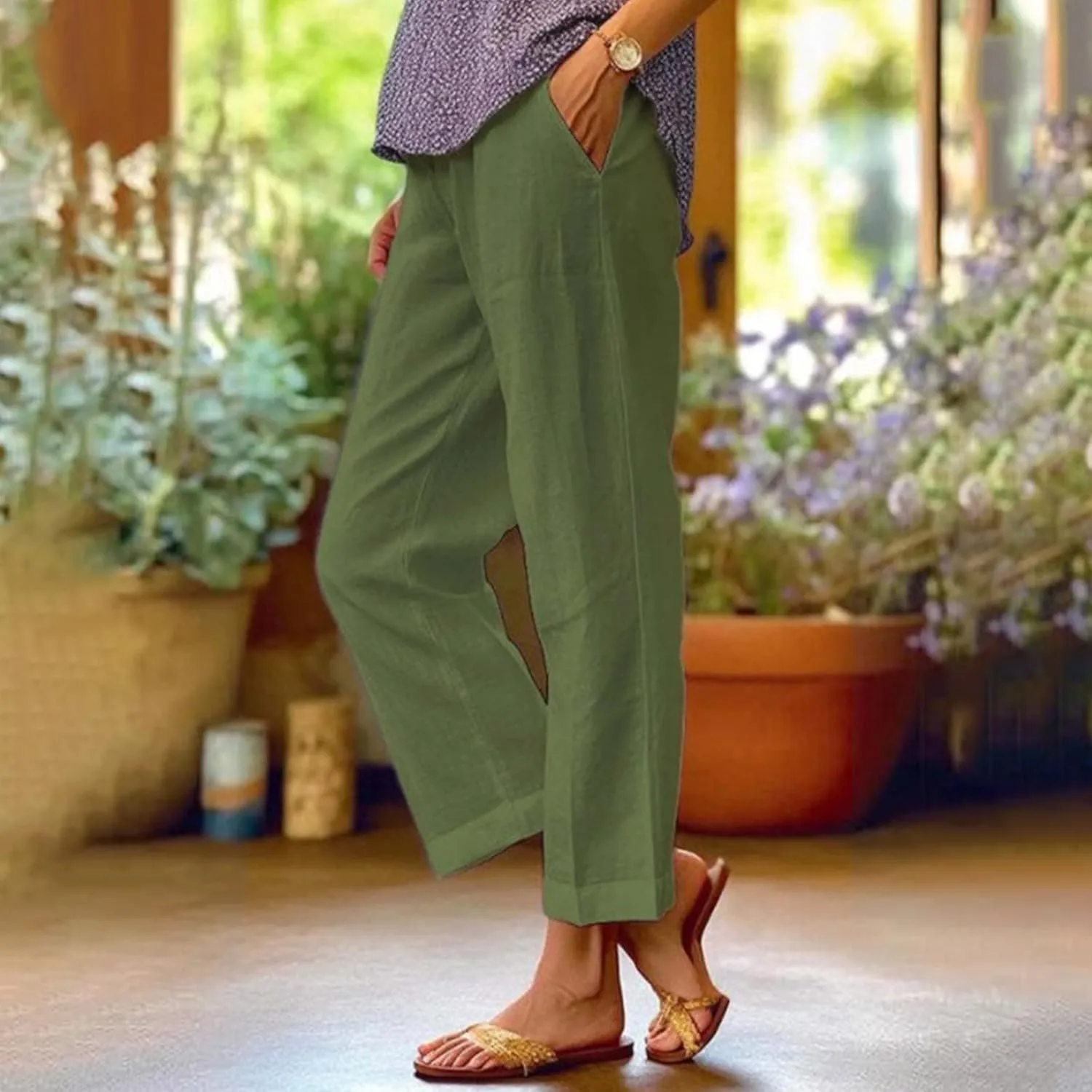 Cotton Linen Pants Women Summer Elastic Waist Straight Leg Plus Size Cropped Pants Casual Beach Trousers with Pockets