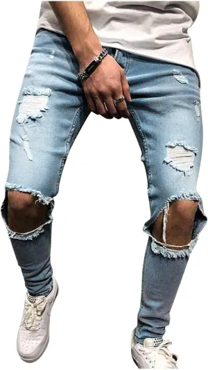 evzosrz Mens Skinny Stretch Denim Pants Slim Fit Ripped Tapered Jeans Distressed Destroyed Ripped Freyed Holes Skinny Trouser