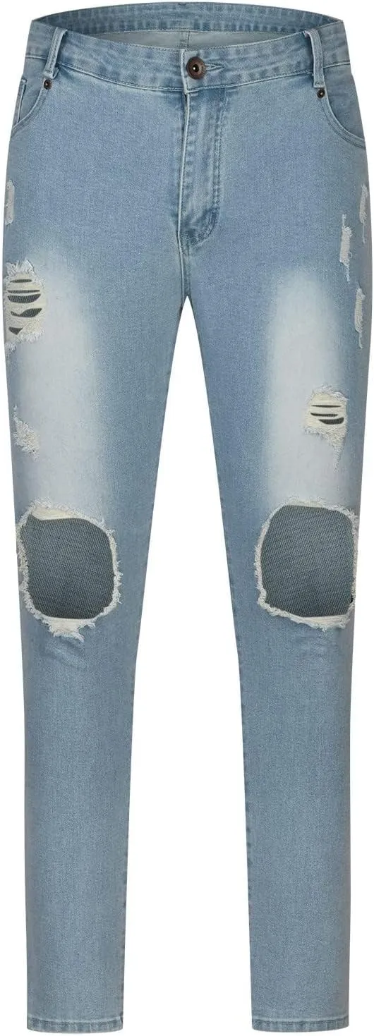 evzosrz Mens Skinny Stretch Denim Pants Slim Fit Ripped Tapered Jeans Distressed Destroyed Ripped Freyed Holes Skinny Trouser