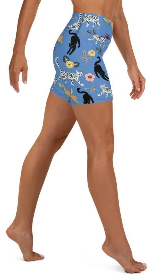 Feline & Flower Pattern Yoga Shorts