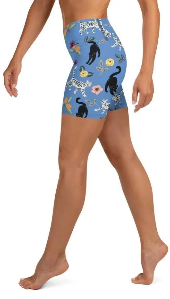 Feline & Flower Pattern Yoga Shorts