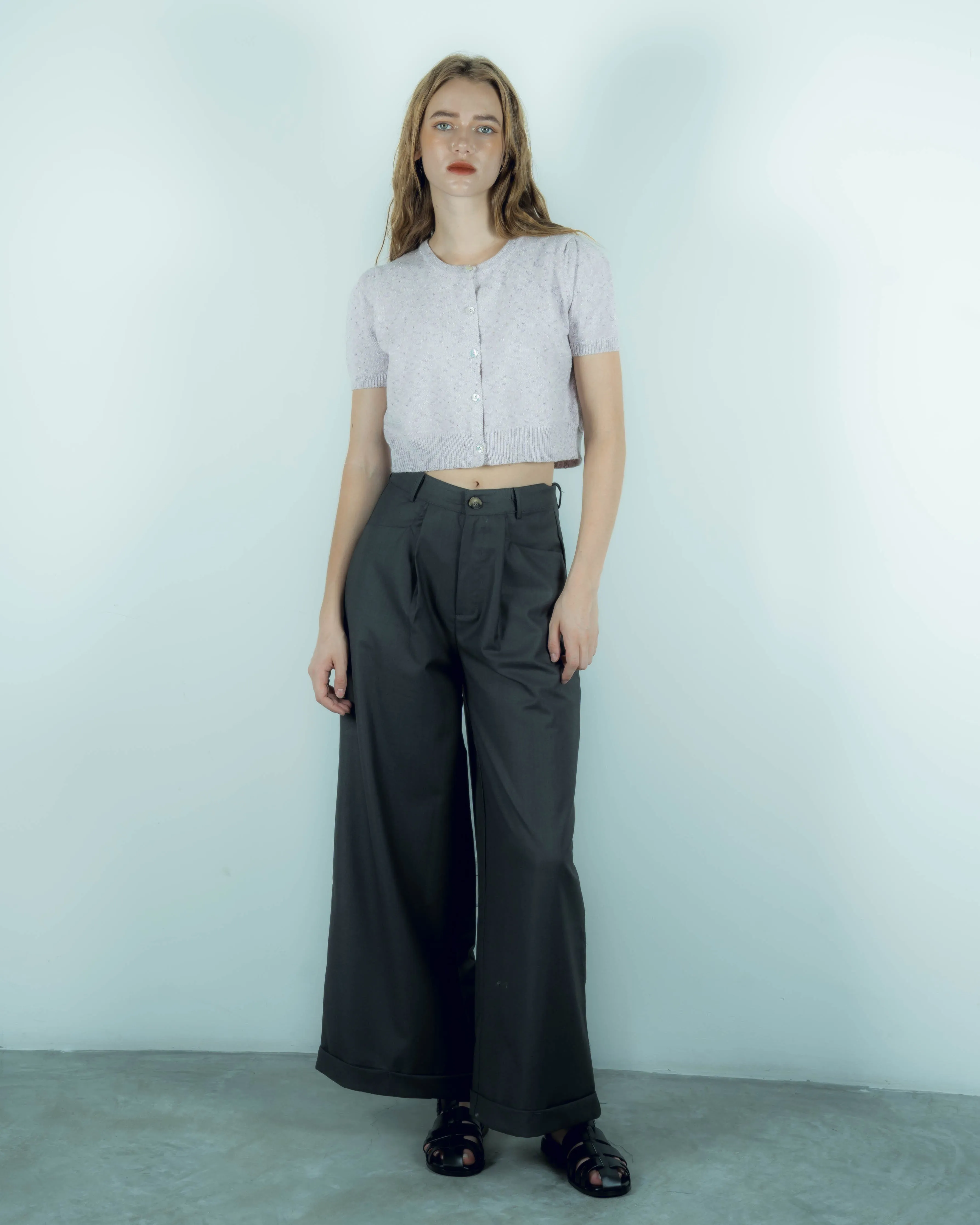 Folded Hem Straight Cut Trousers (Dark Grey)