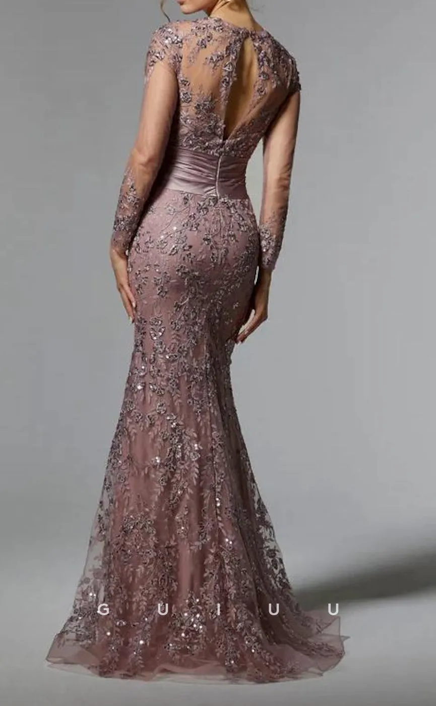 GM055 - Mermaid Long Sleeves Sweep Brush Train Appliques Stain Pleated Mother of the Bride Dress Formal Wedding Guest Gown