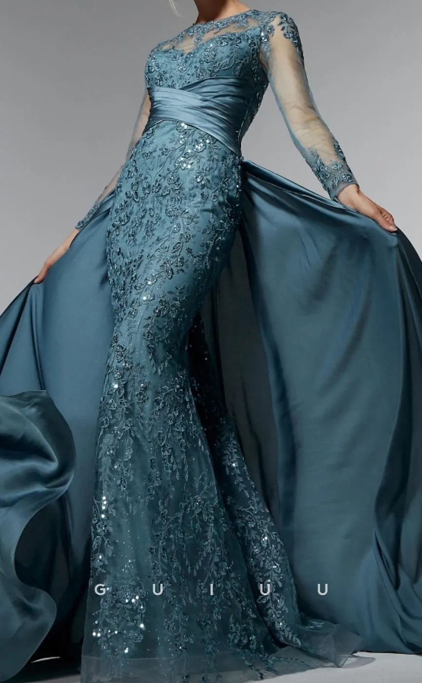 GM055 - Mermaid Long Sleeves Sweep Brush Train Appliques Stain Pleated Mother of the Bride Dress Formal Wedding Guest Gown