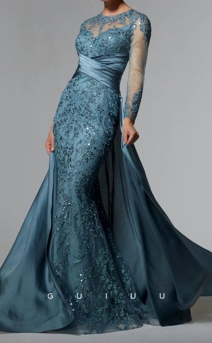 GM055 - Mermaid Long Sleeves Sweep Brush Train Appliques Stain Pleated Mother of the Bride Dress Formal Wedding Guest Gown