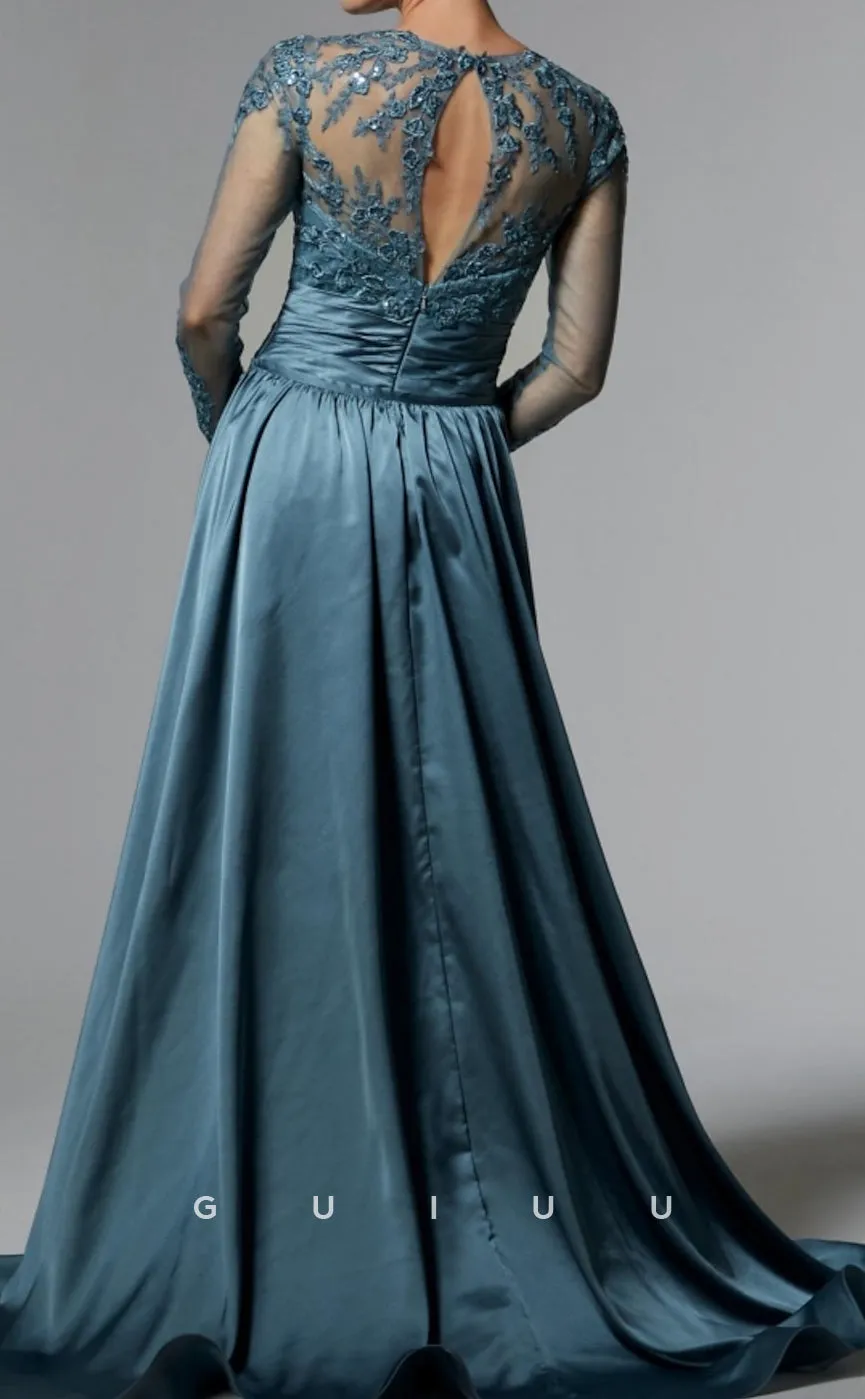 GM055 - Mermaid Long Sleeves Sweep Brush Train Appliques Stain Pleated Mother of the Bride Dress Formal Wedding Guest Gown
