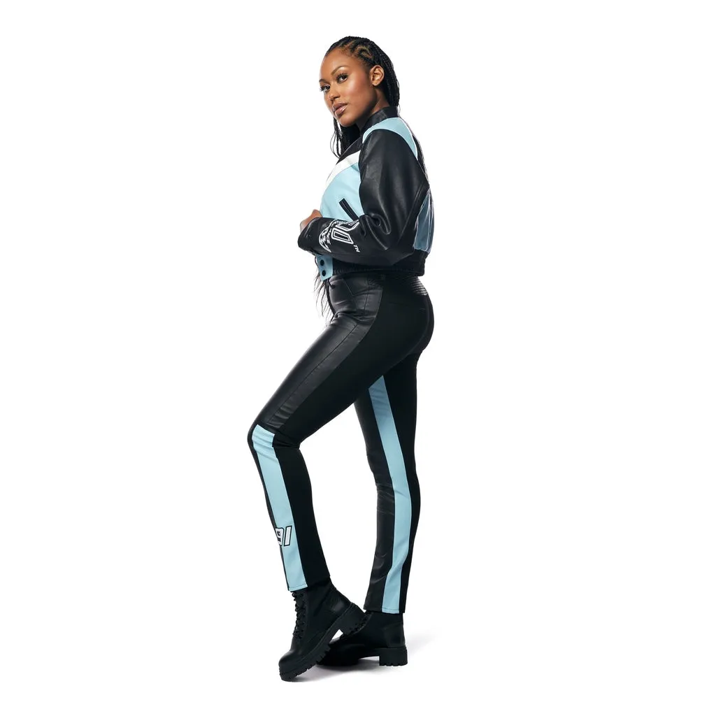 High Rise Vegan Leather Racing Pants - Blue