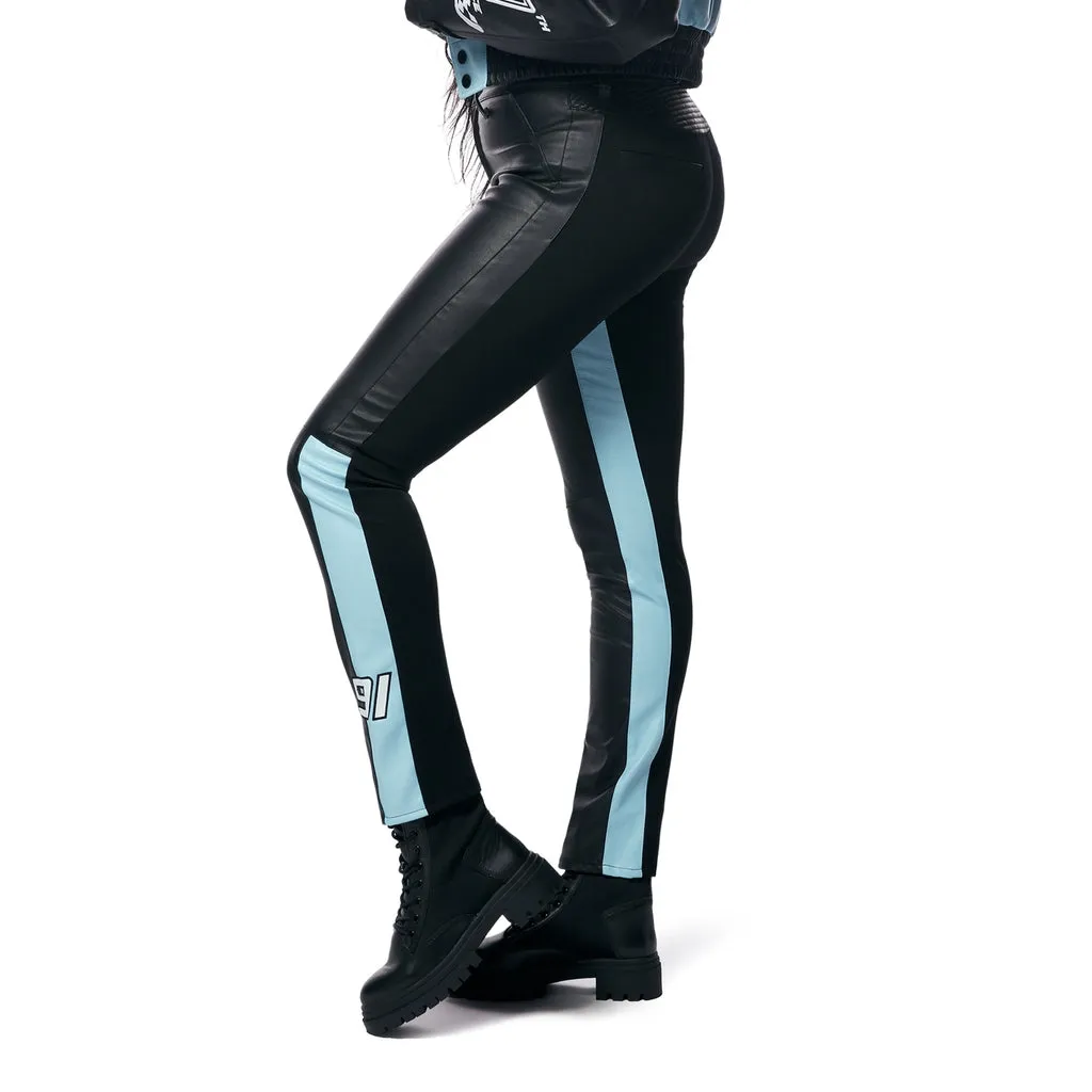 High Rise Vegan Leather Racing Pants - Blue