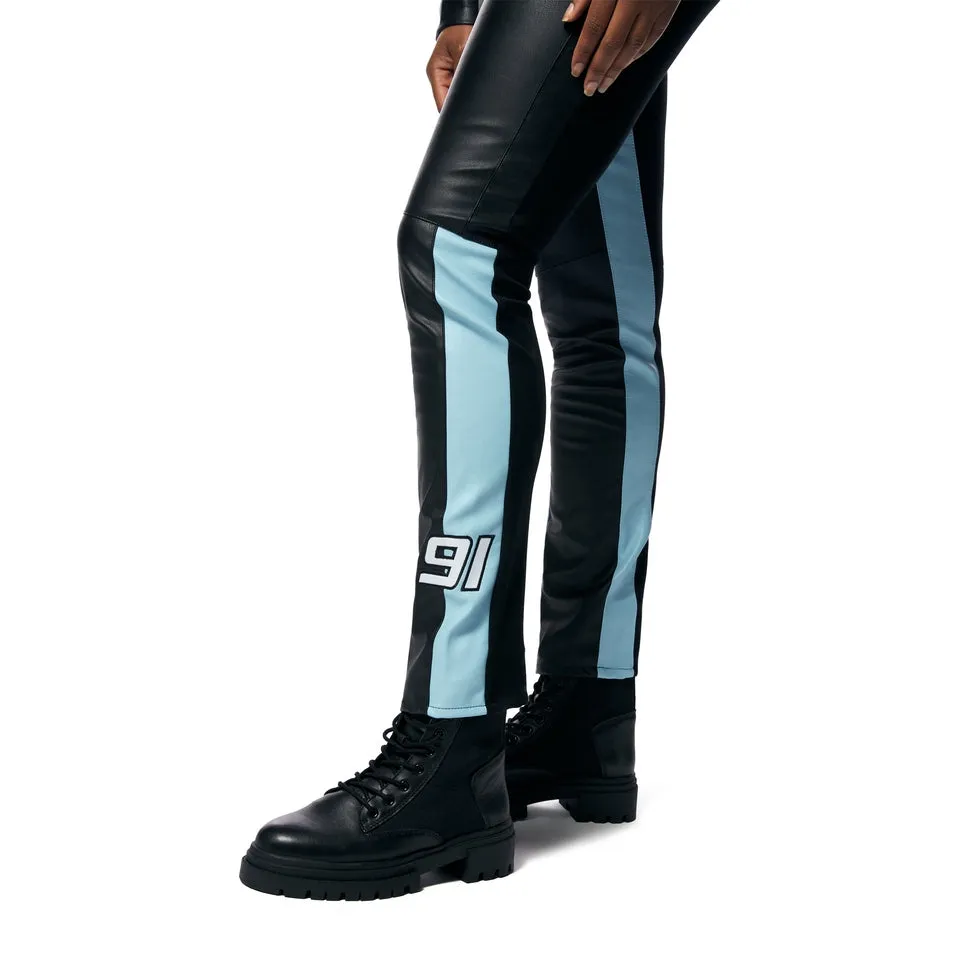 High Rise Vegan Leather Racing Pants - Blue