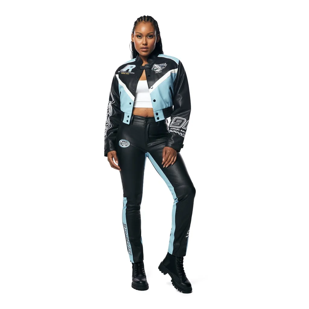 High Rise Vegan Leather Racing Pants - Blue
