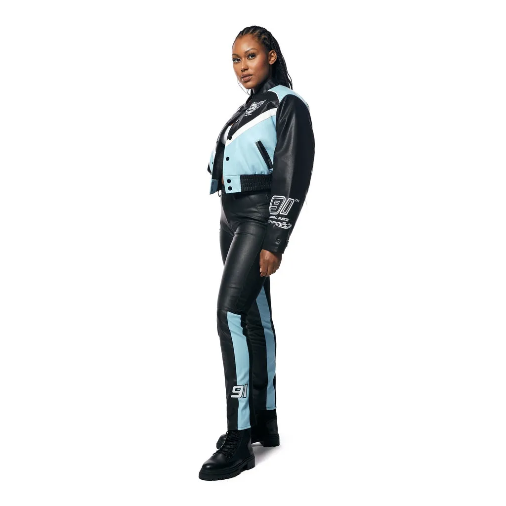 High Rise Vegan Leather Racing Pants - Blue