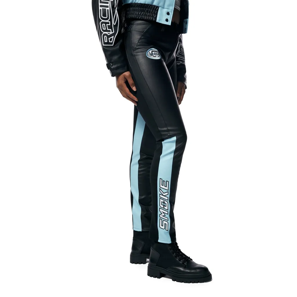 High Rise Vegan Leather Racing Pants - Blue