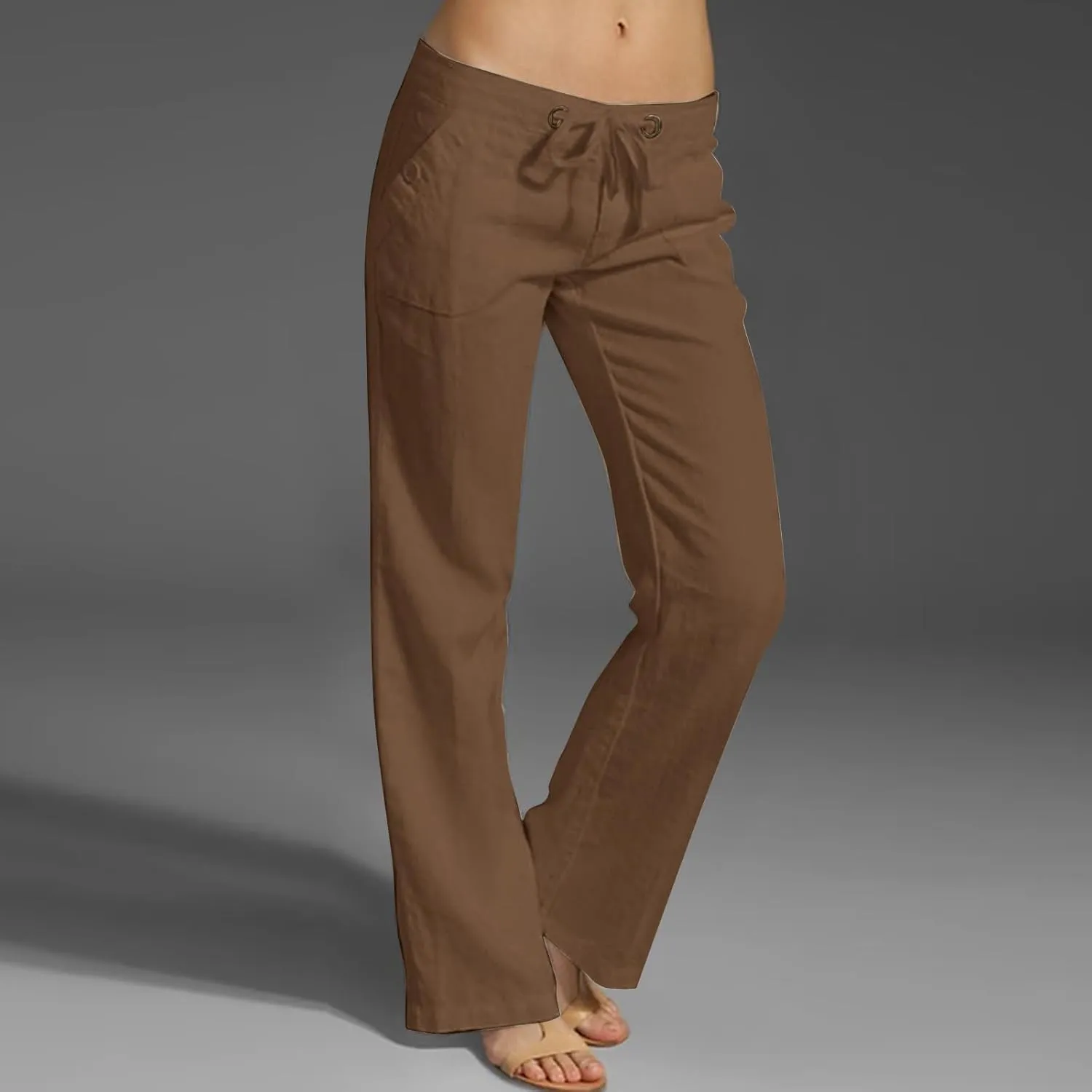 Linen Lounge Pants Women Drawstring High Waisted Wide Leg Pants Summer Casual Dressy Pant Fashion Trouser with Pocket