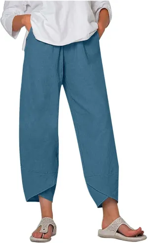 Linen Pants Women Summer Plus Size 2024 Capri Pants Loose Plain Cropped Trousers Stretchy Elastic Waist Lounge Pants