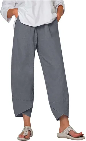 Linen Pants Women Summer Plus Size 2024 Capri Pants Loose Plain Cropped Trousers Stretchy Elastic Waist Lounge Pants