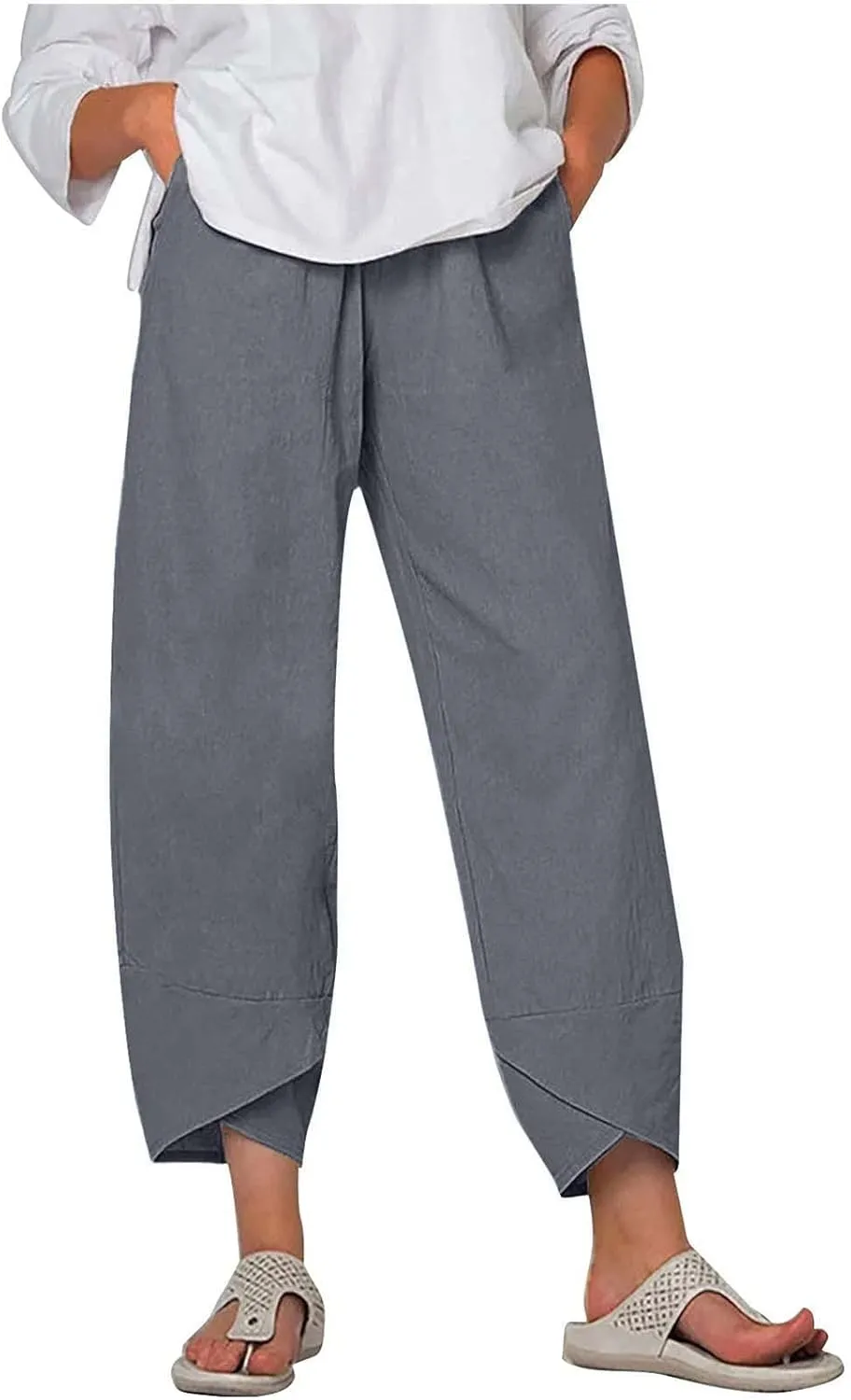 Linen Pants Women Summer Plus Size 2024 Capri Pants Loose Plain Cropped Trousers Stretchy Elastic Waist Lounge Pants