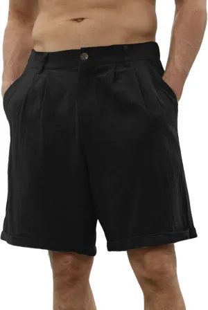 Linen Shorts for Men Belt Loops Drawstring Shorts with Pockets 10'' Summer Beach Pocketed Bermuda Shorts