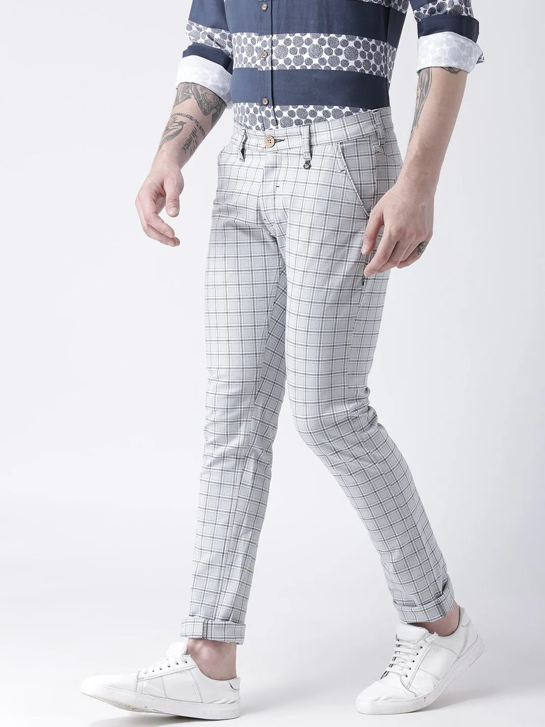 Men Off White Slim Fit Checked Chinos