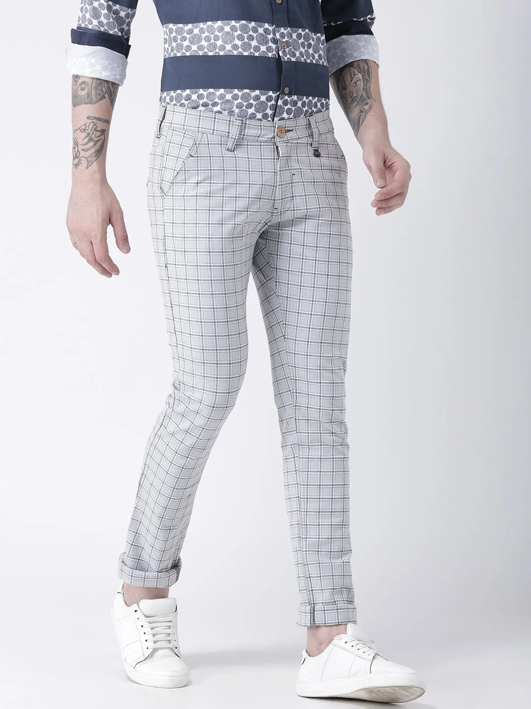 Men Off White Slim Fit Checked Chinos