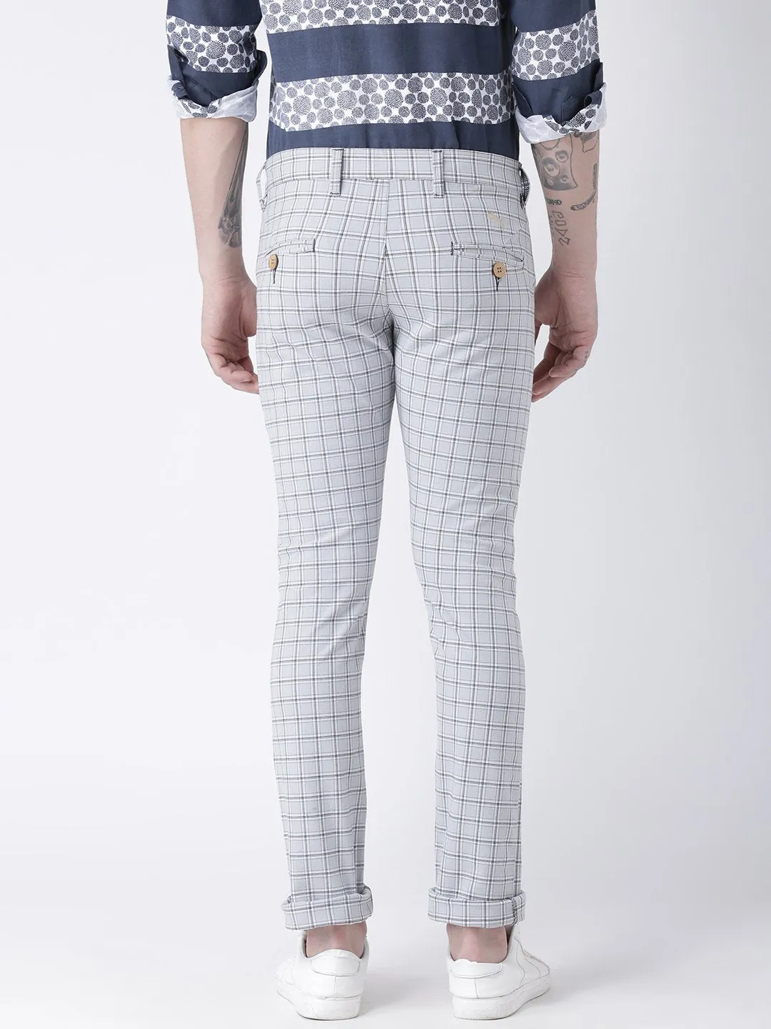 Men Off White Slim Fit Checked Chinos