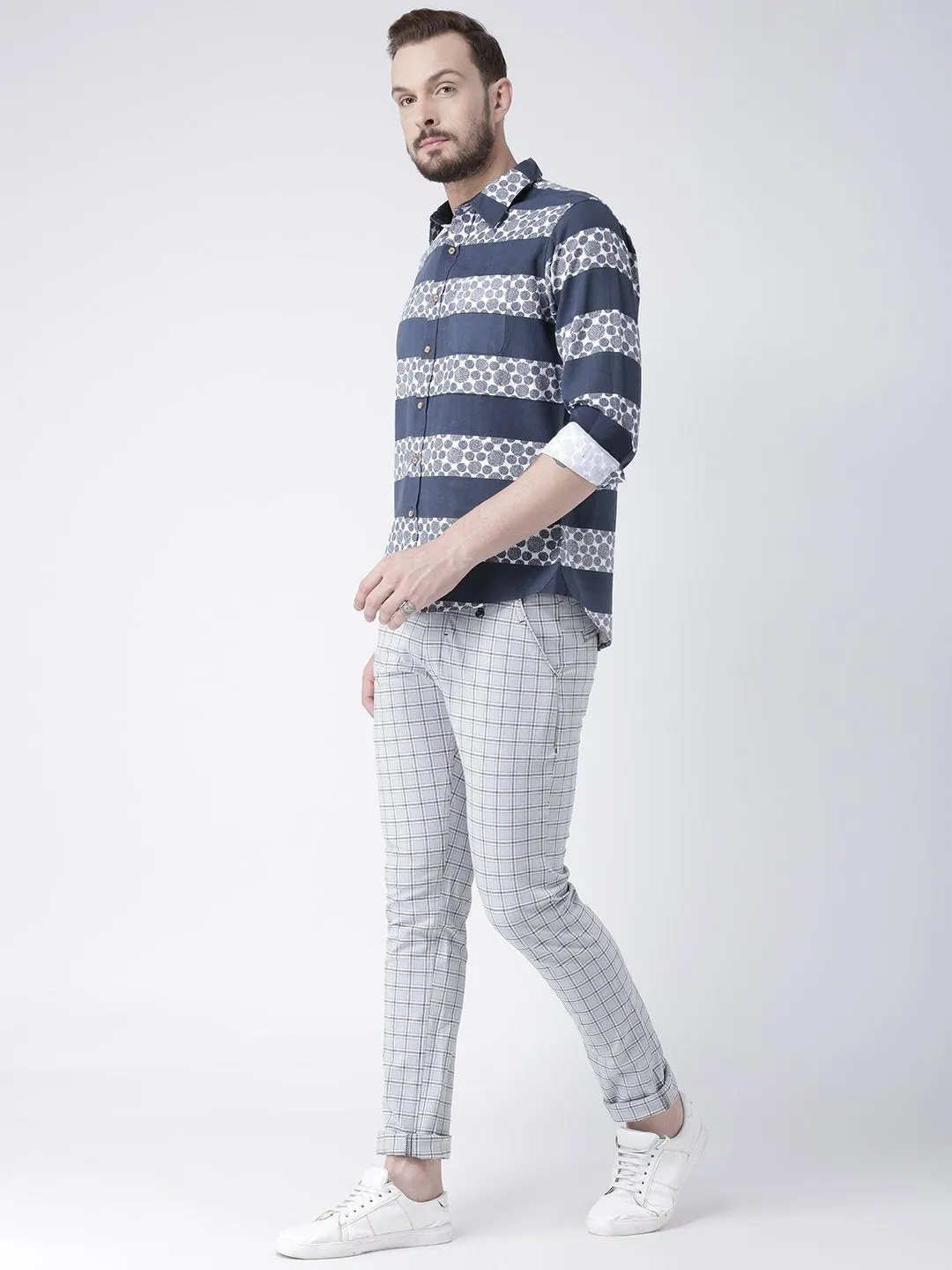 Men Off White Slim Fit Checked Chinos