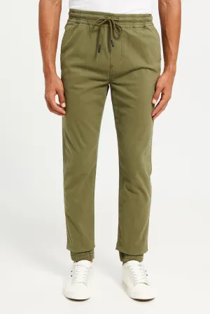Men Olive Solid Twill Jogger