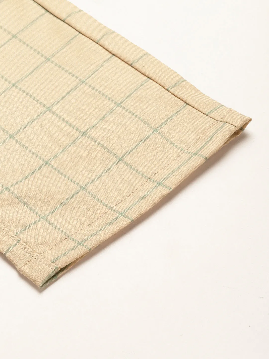 Men's Cotton Blend Beige & Green Checked Formal Trousers - Sojanya