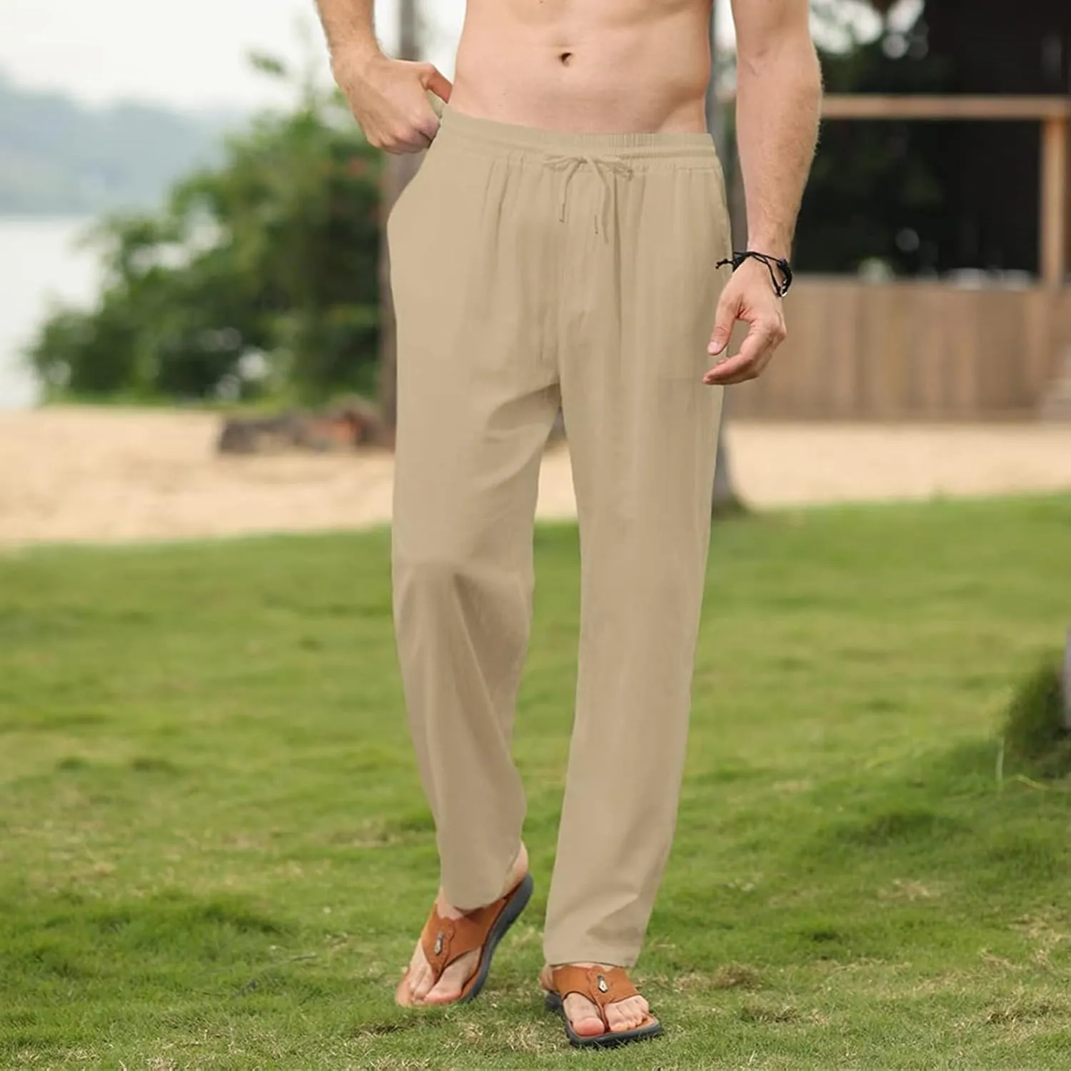 Men's Cotton Linen Trousers Slim Fit Drawstring Pants Baggy Simple Thin Trousers Summer Comfy Pants with Pockets