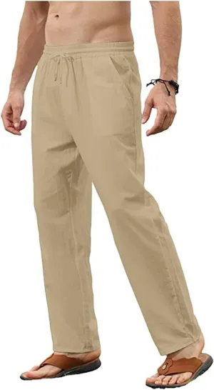 Men's Cotton Linen Trousers Slim Fit Drawstring Pants Baggy Simple Thin Trousers Summer Comfy Pants with Pockets