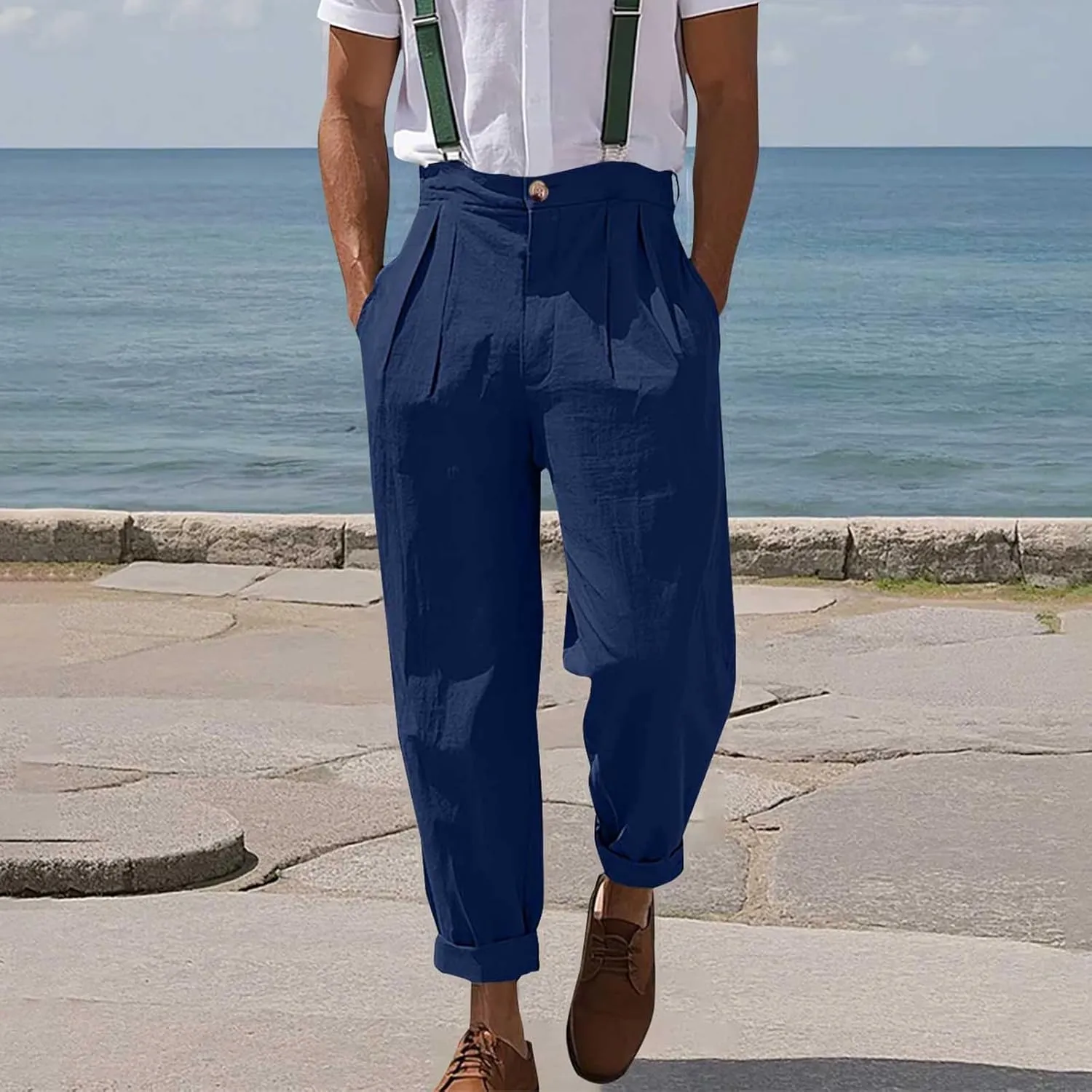 Mens Linen Pants Casual Front Pleated Yoga Pant Summer Outdoor Vacation Beach Lightweight Trousers Open Bottom Slacks