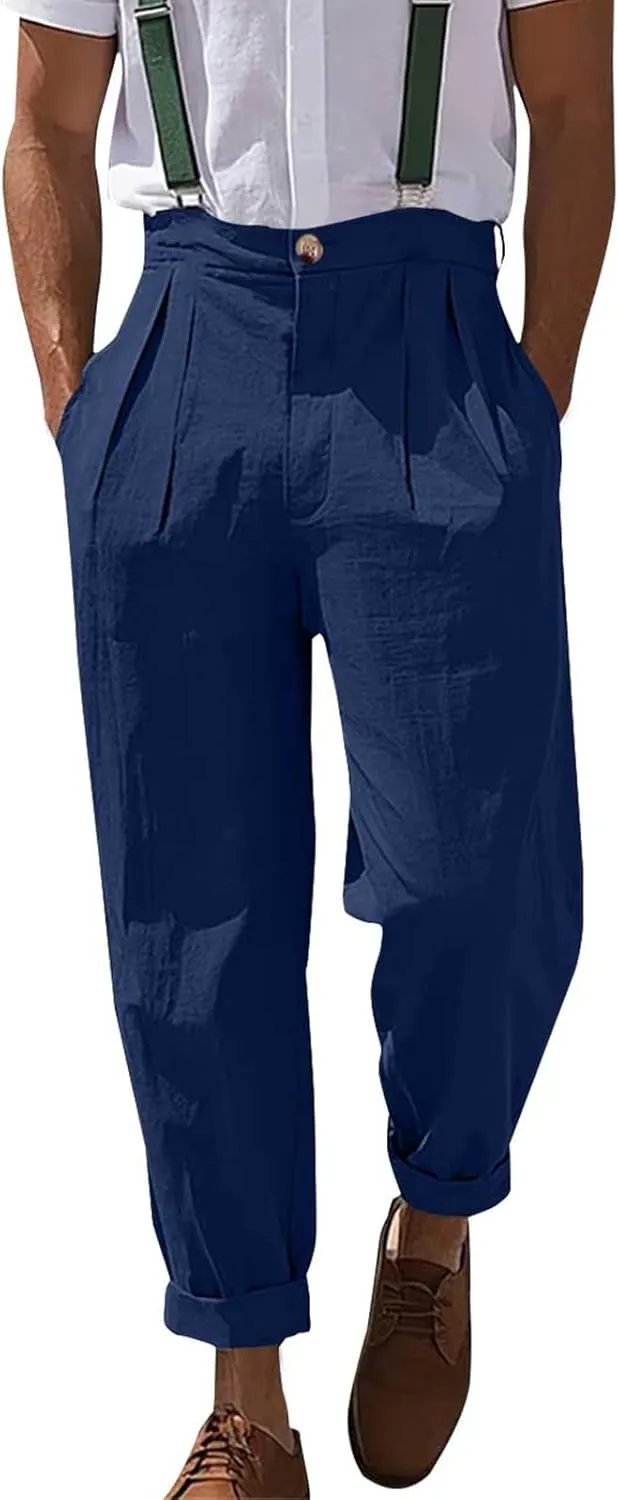 Mens Linen Pants Casual Front Pleated Yoga Pant Summer Outdoor Vacation Beach Lightweight Trousers Open Bottom Slacks