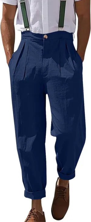 Mens Linen Pants Casual Front Pleated Yoga Pant Summer Outdoor Vacation Beach Lightweight Trousers Open Bottom Slacks