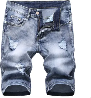 Mens Vintage Distressed Denim Shorts Classic Slim Fit Ripped Jean Shorts Summer Casual Moto Biker Straight Short Jean
