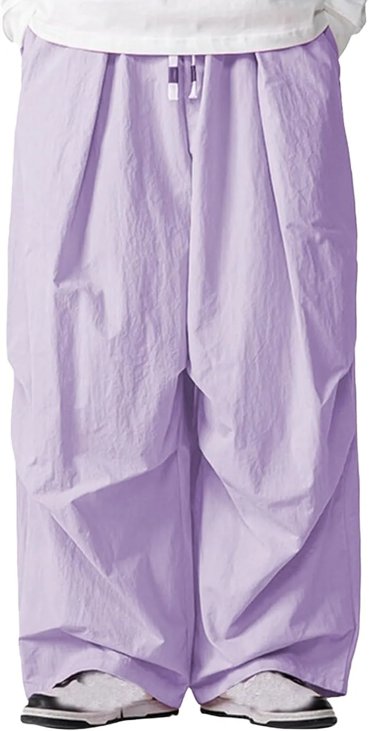 Mens Wide Leg Pants Plain Loose Fit Casual Pant Trendy Drawstring Waist Slacks Summer Fashion Trouser with Pocket
