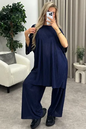 Rosalia Navy Plisse Oversized Top and Wide Leg Trousers Co-Ord Set