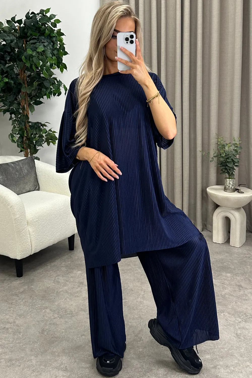 Rosalia Navy Plisse Oversized Top and Wide Leg Trousers Co-Ord Set