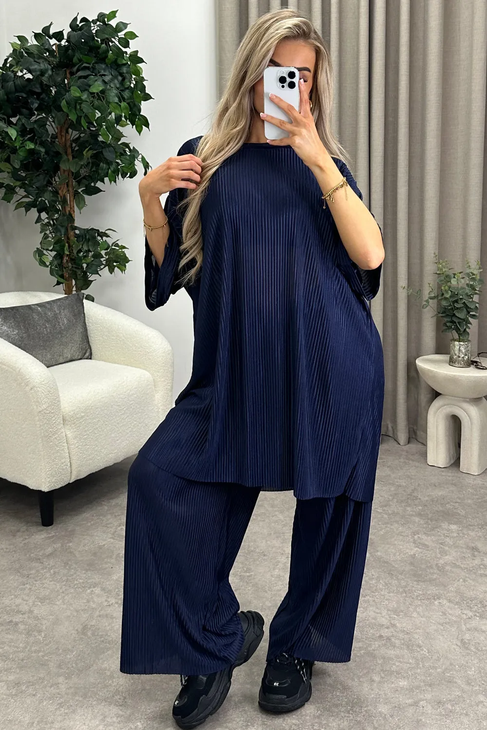 Rosalia Navy Plisse Oversized Top and Wide Leg Trousers Co-Ord Set