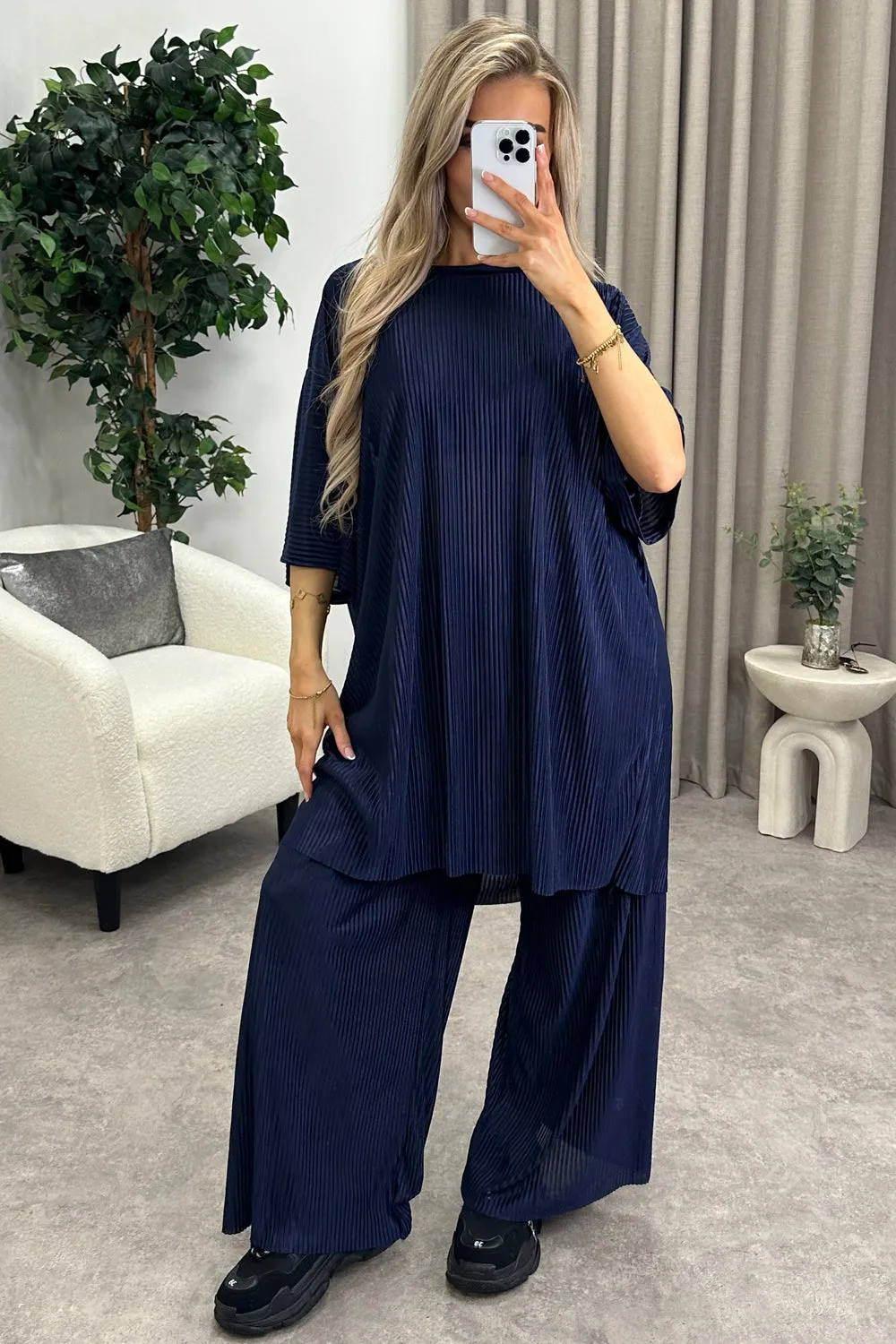 Rosalia Navy Plisse Oversized Top and Wide Leg Trousers Co-Ord Set