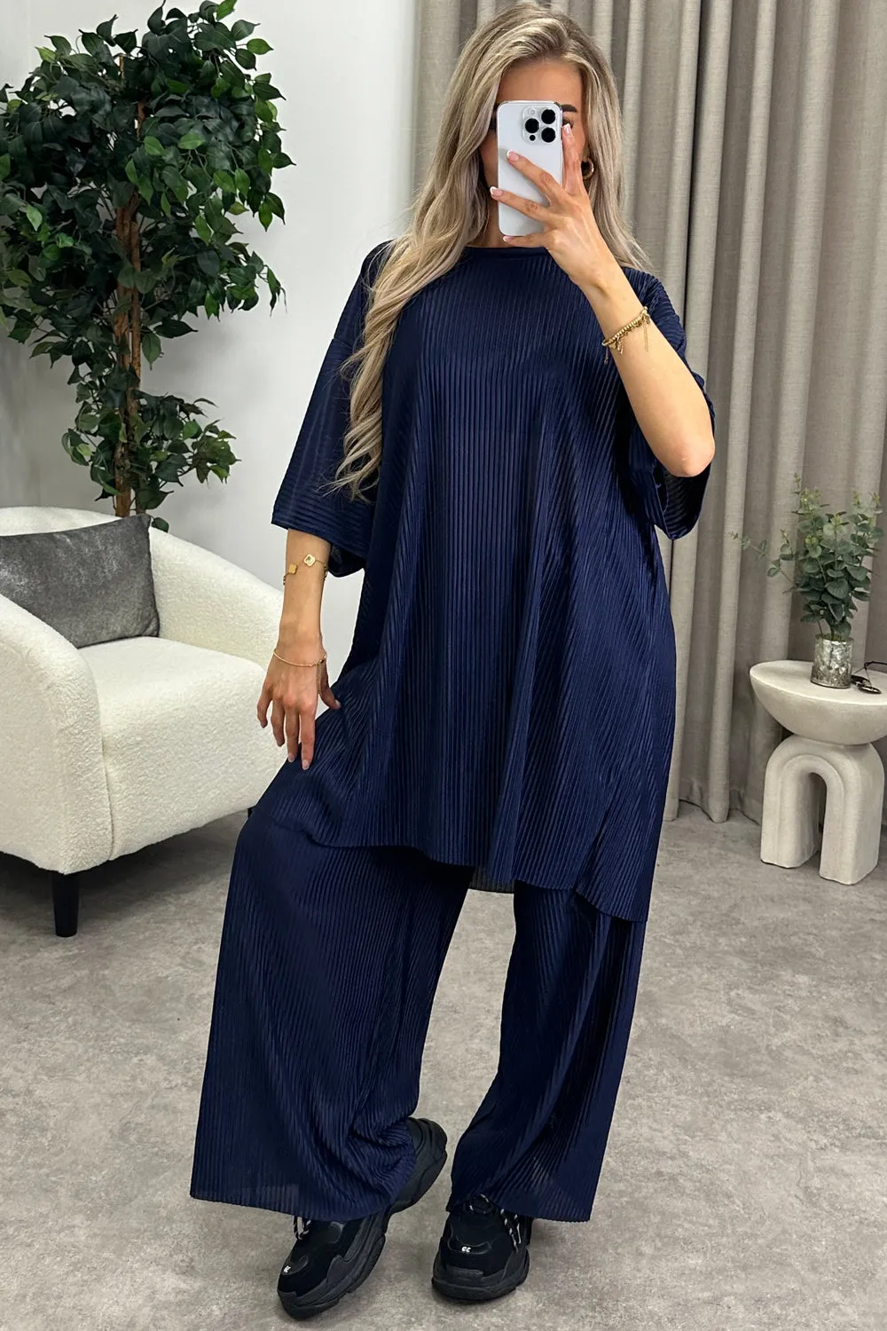 Rosalia Navy Plisse Oversized Top and Wide Leg Trousers Co-Ord Set