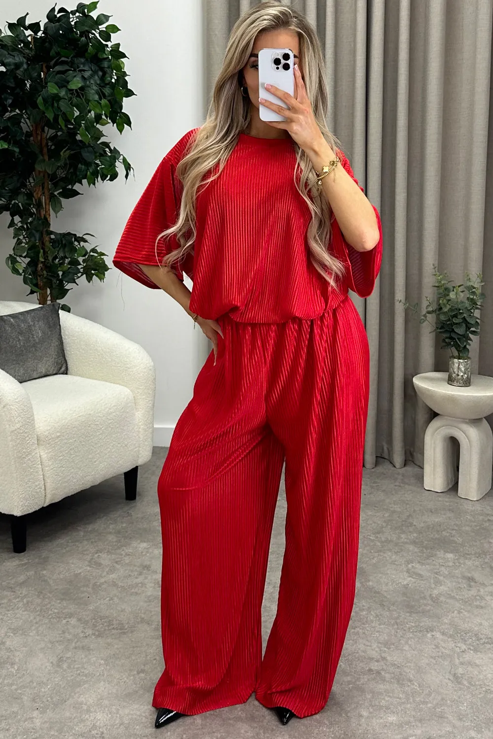 Rosalia Red Plisse Oversized Top and Wide Leg Trousers Co-Ord Set