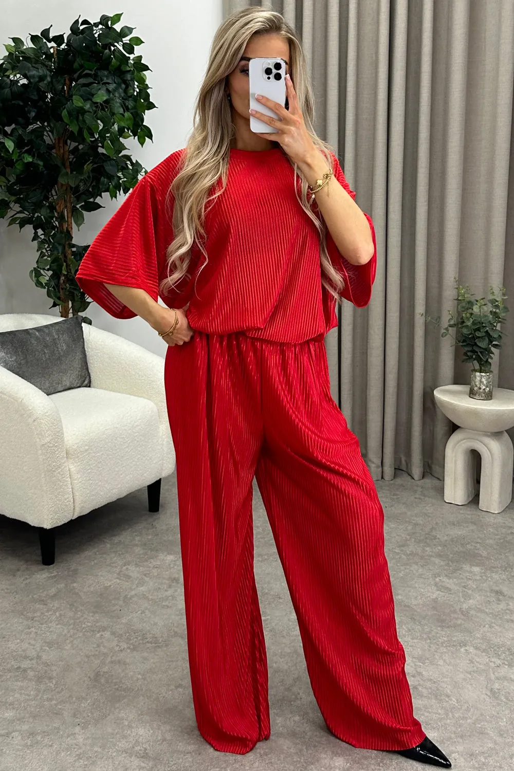 Rosalia Red Plisse Oversized Top and Wide Leg Trousers Co-Ord Set