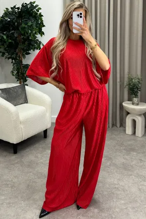 Rosalia Red Plisse Oversized Top and Wide Leg Trousers Co-Ord Set