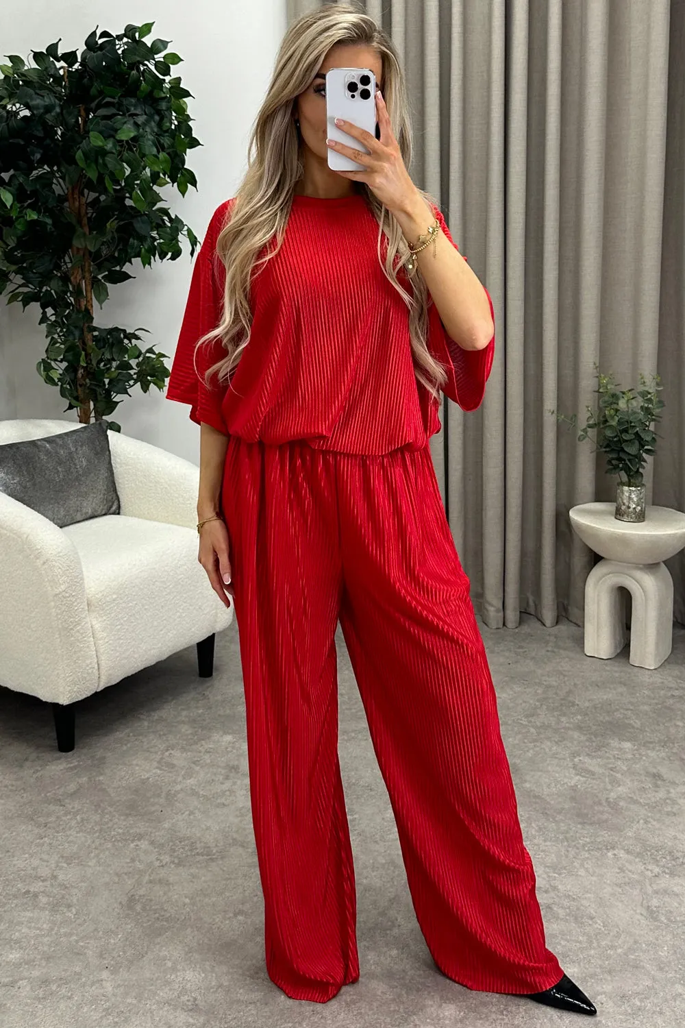 Rosalia Red Plisse Oversized Top and Wide Leg Trousers Co-Ord Set
