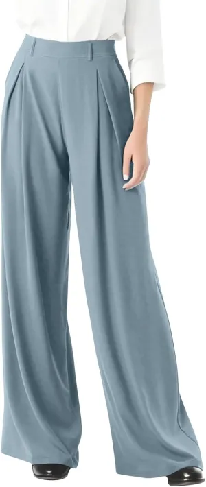 Wide Leg Pants for Women Business Palazzo Pants Lightweight High Waist Button Regular Long Trousers with Pockets